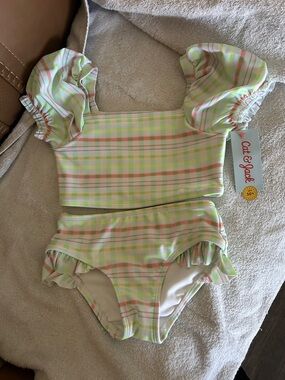 Cat & Jack Striped Ruffle Two-Piece Swim Set - Neon Green Pink & White